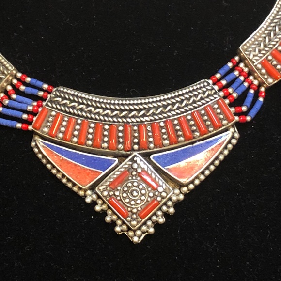 Lapis Lazuli & Coral Tibetan Silver Necklace - Picture 4 of 6